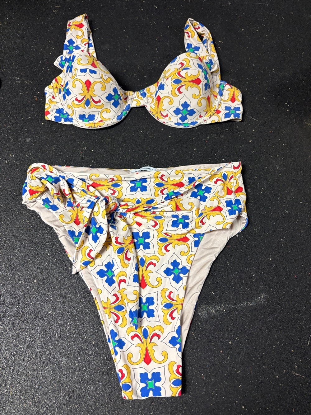 WeWoreWhat White Tile-Print Two-Piece Bikini with Yellow & Blue Accents